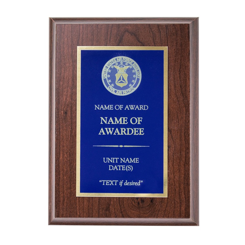 CAP Plaque: Blue plate mounted on Cherry wood – engraving plate
